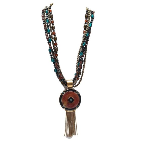 Multi Strand Glass Beaded Necklace With Tassel Pendant By Chicos - Picture 1 of 7
